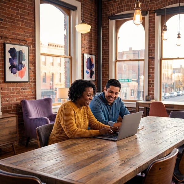 An accountant and her client laugh together over a laptop.