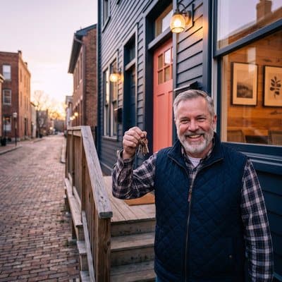 A real estate investor holds up a set of keys in front of a freshly painted duplex.
