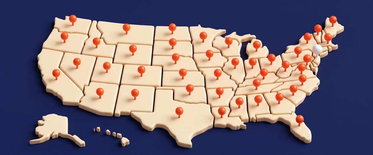 A map of the United States with a pin in every state.