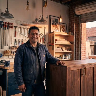 A contractor smiles in his well-organised workshop.
