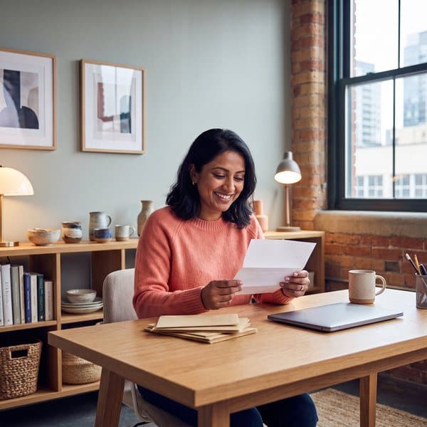 A smiling business owner reads a letter at her desk in a bright office.