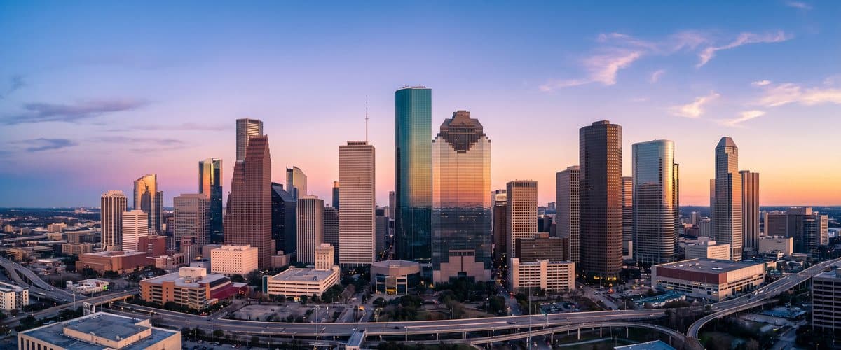 The Houston skyline at sunset.