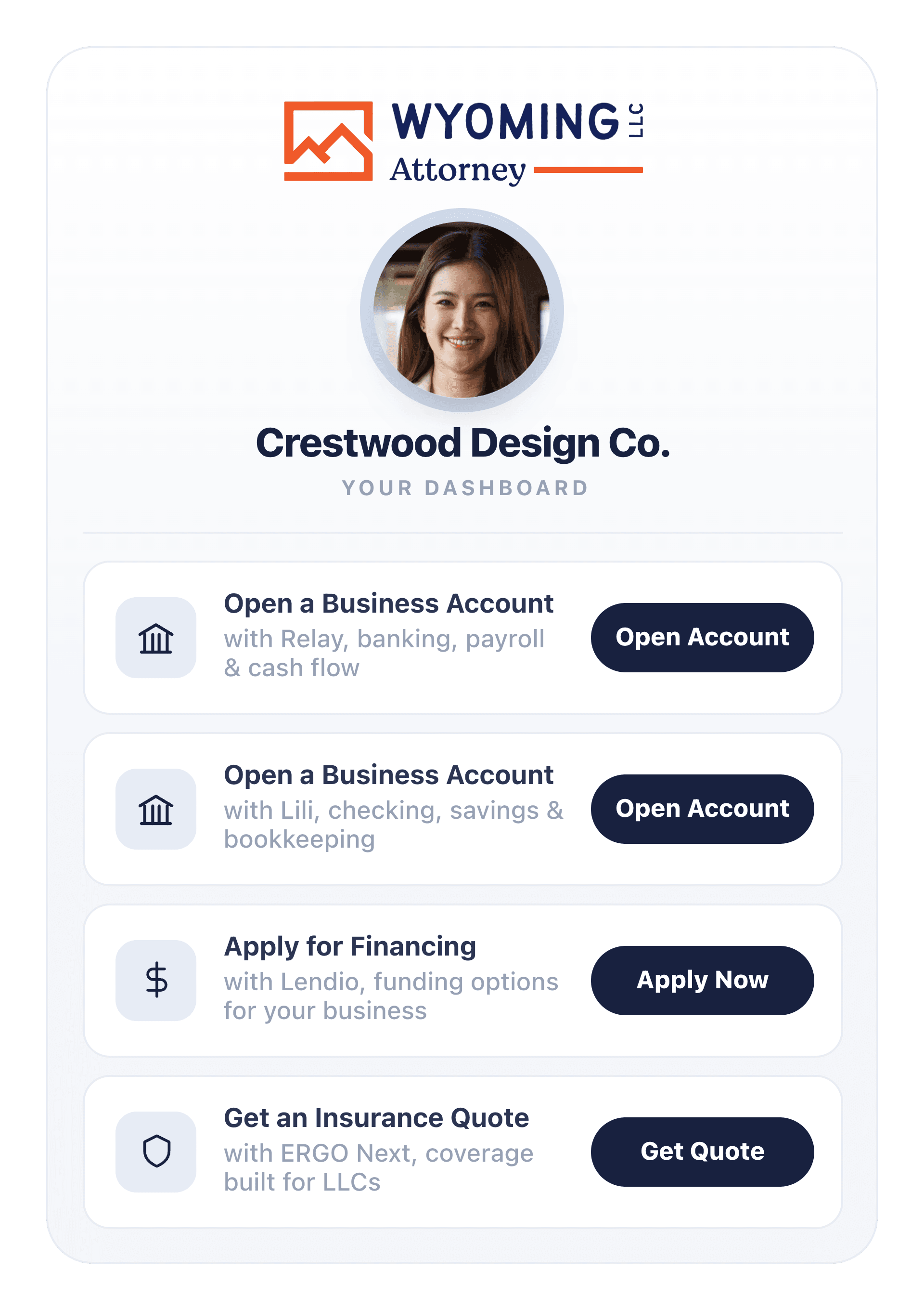 Wyoming LLC Attorney partner dashboard showing embedded Lili and Relay business banking, Lendio business financing, and ERGO NEXT business insurance offers