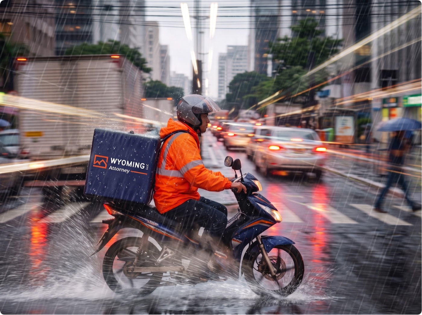 Wyoming LLC Attorney branded delivery courier on a scooter in the city